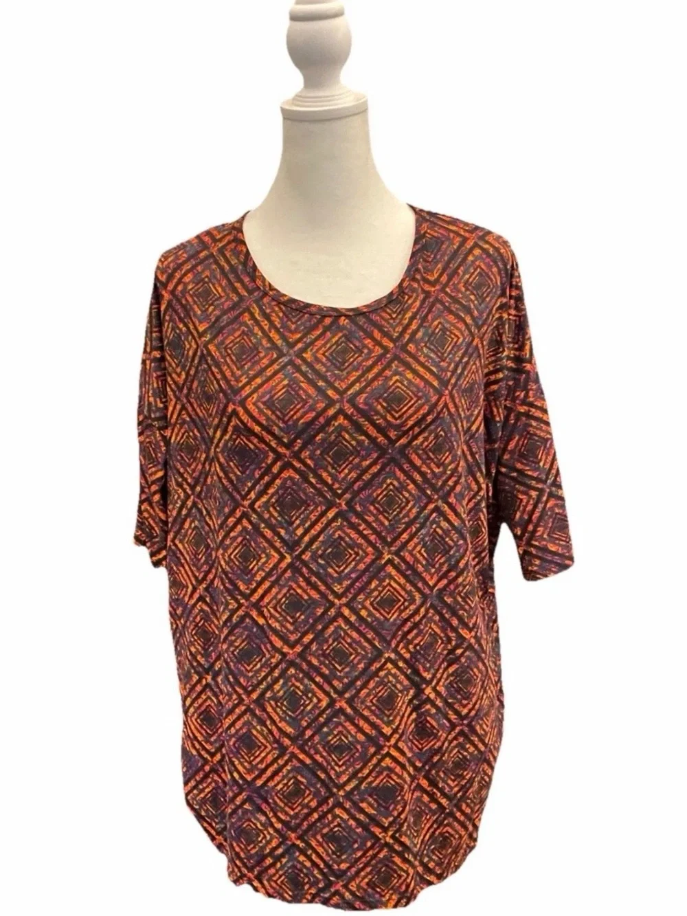 LuLaRoe Irma Tunic Top S Geometric Diamond Print Orange Black - Picture 2 of 6